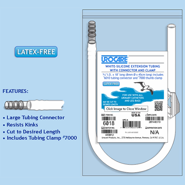 Urocare White Rubber Ext Tubing 18" lg, 5/16" I.D w/thumb clamp and connector