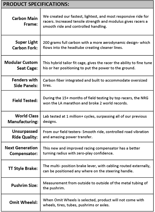 Top End NRG Racing Wheelchair - Specifications