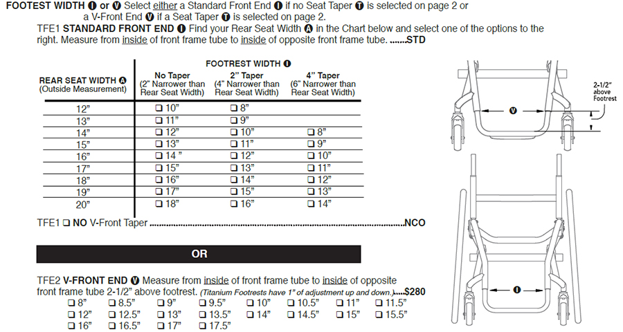 TiLite TR Titanium Wheelchair - Front End Type/Footrest Width